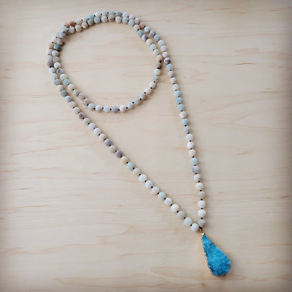 Amazonite Long Beaded Necklace with Ocean Agate Pendant