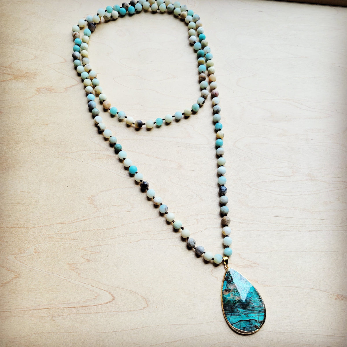 Amazonite Long Beaded Necklace with Ocean Agate Pendant