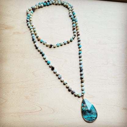 Amazonite Long Beaded Necklace with Ocean Agate Pendant