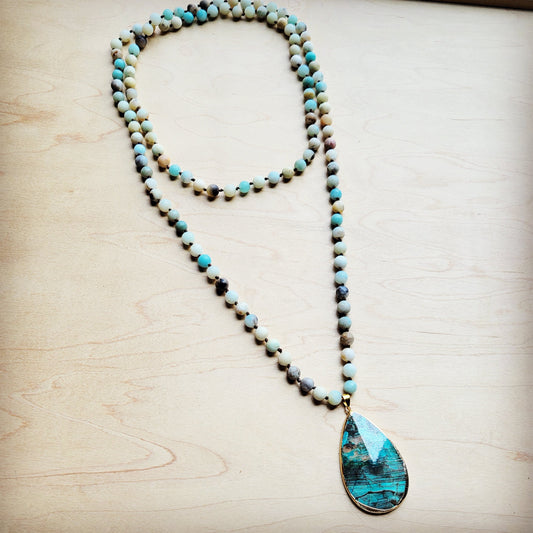 Amazonite Long Beaded Necklace with Ocean Agate Pendant