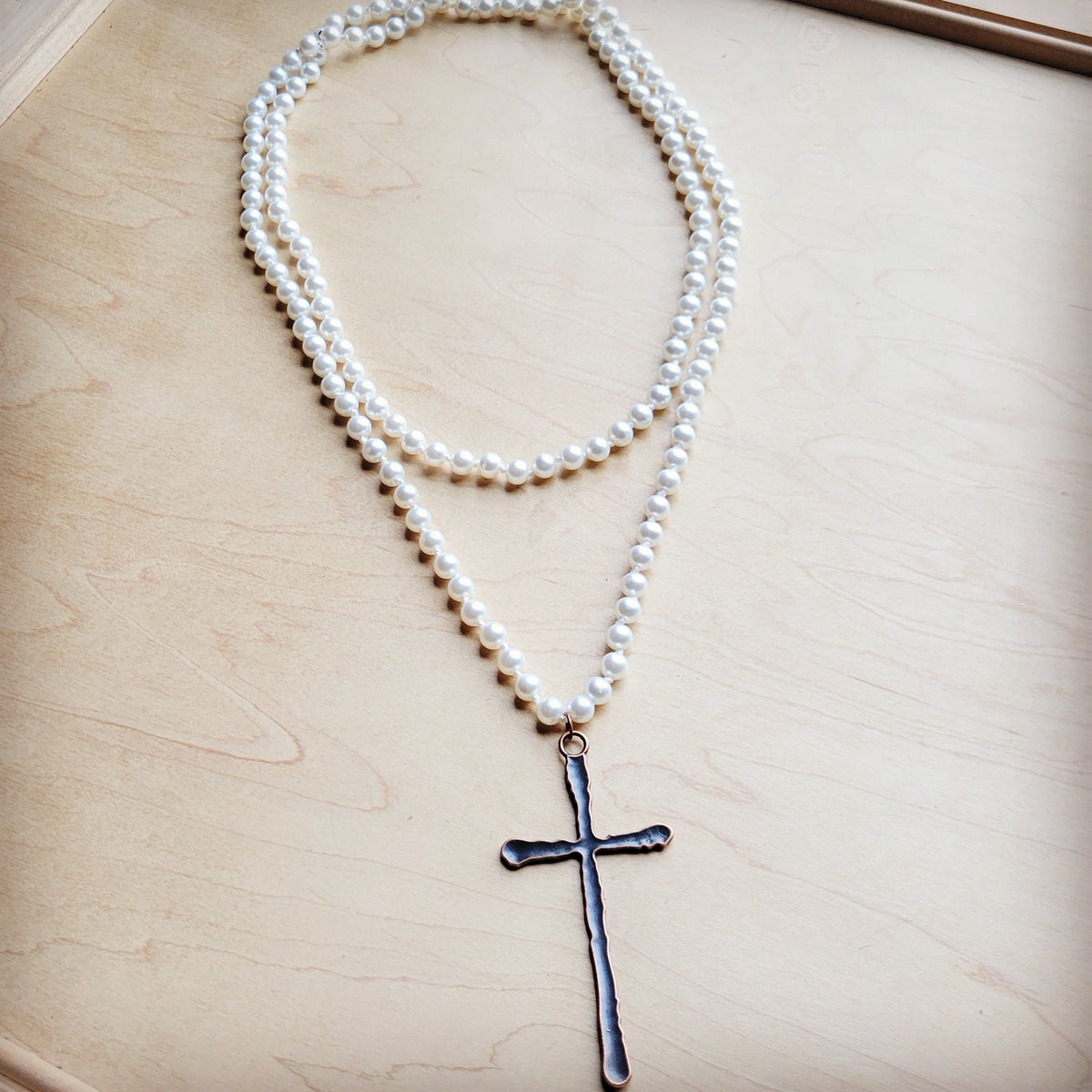 Pearl Extra-Long Beaded Necklace with Antique Copper Cross