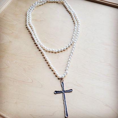 Pearl Extra-Long Beaded Necklace with Antique Copper Cross
