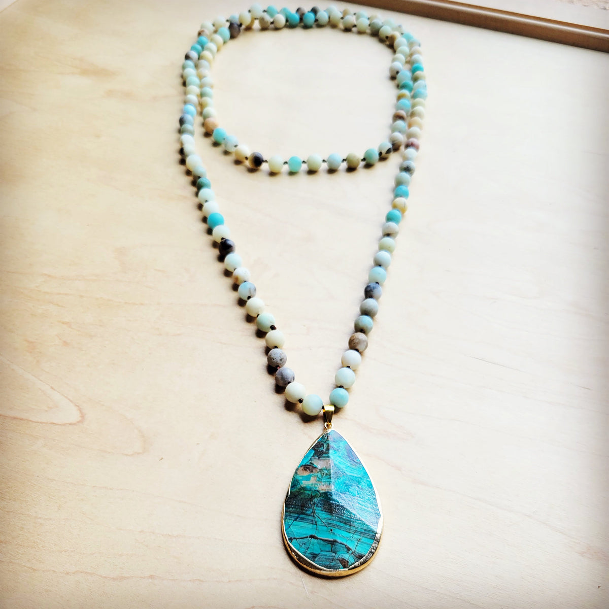 Amazonite Long Beaded Necklace with Ocean Agate Pendant