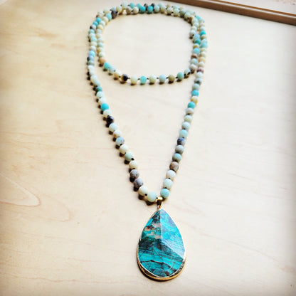Amazonite Long Beaded Necklace with Ocean Agate Pendant
