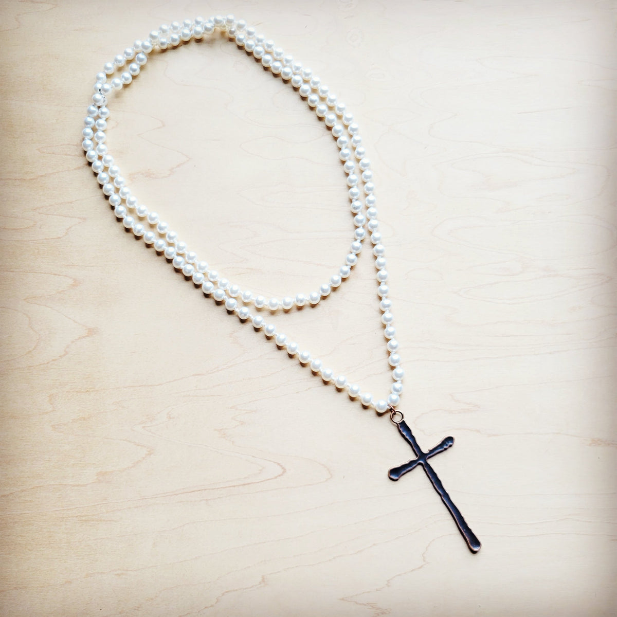 Pearl Extra-Long Beaded Necklace with Antique Copper Cross