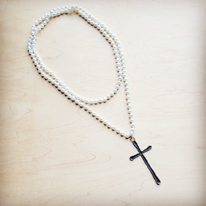 Pearl Extra-Long Beaded Necklace with Antique Copper Cross