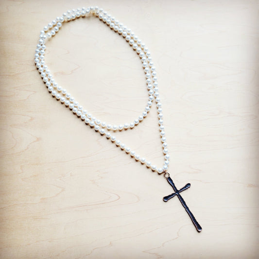 Pearl Extra-Long Beaded Necklace with Antique Copper Cross