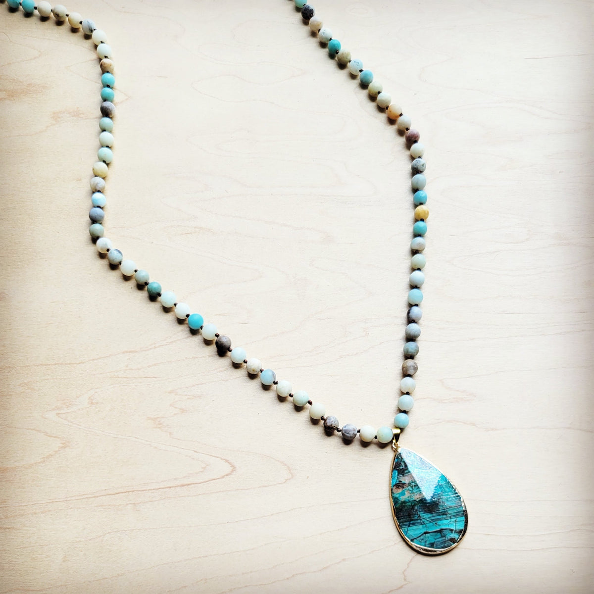 Amazonite Long Beaded Necklace with Ocean Agate Pendant