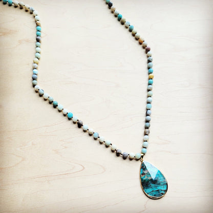 Amazonite Long Beaded Necklace with Ocean Agate Pendant