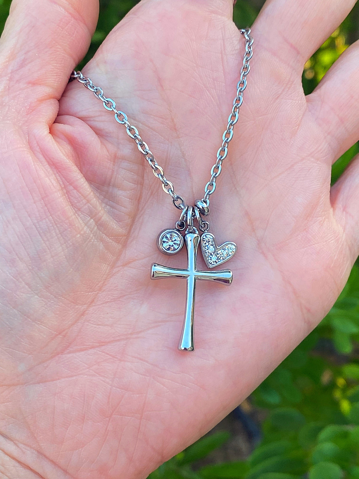 Dainty Cross Necklace – Slender Stainless Steel Cross with Crystal & Heart Charm | Waterproof & Tarnish‑Free