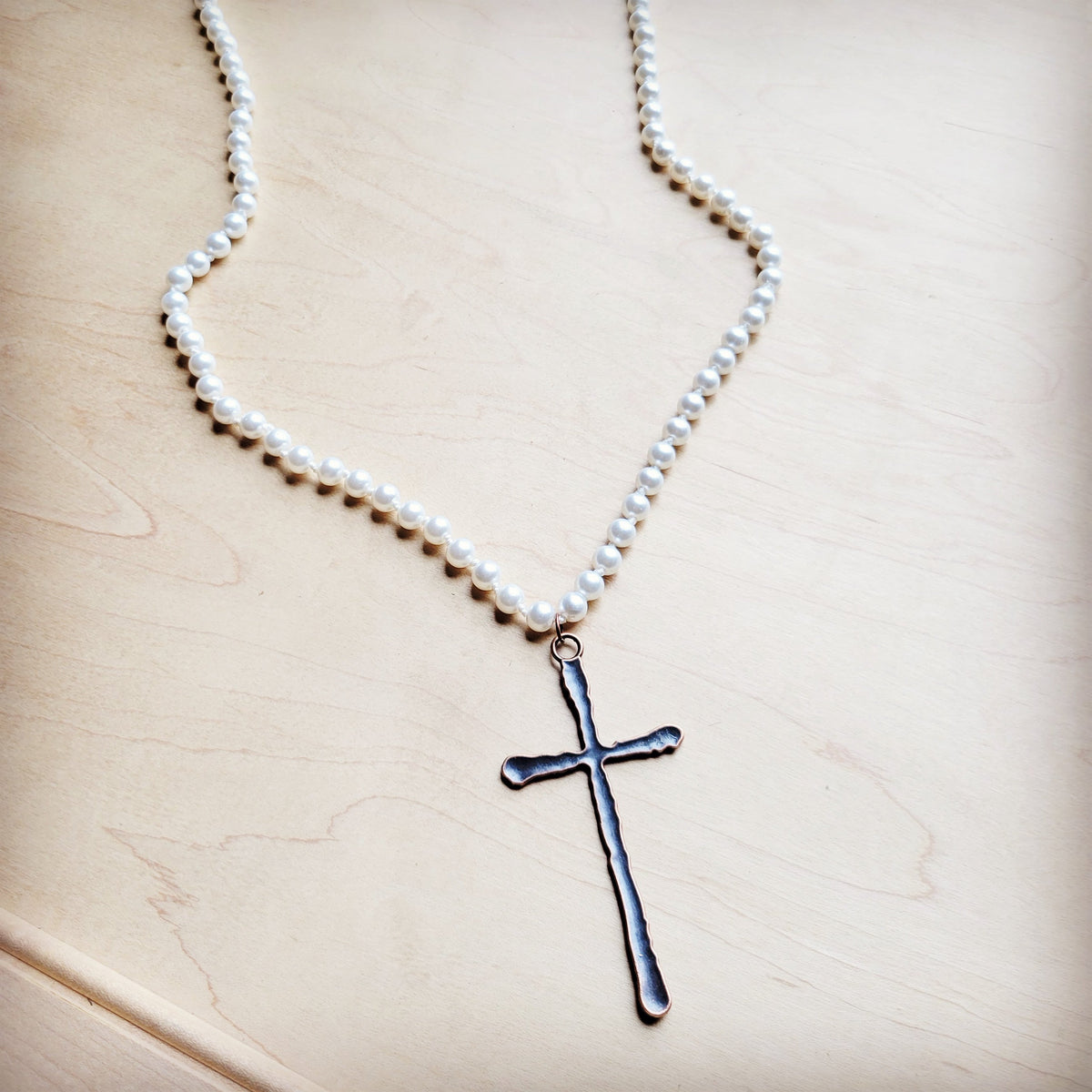 Pearl Extra-Long Beaded Necklace with Antique Copper Cross