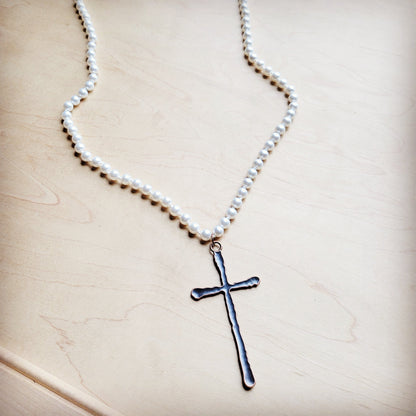Pearl Extra-Long Beaded Necklace with Antique Copper Cross