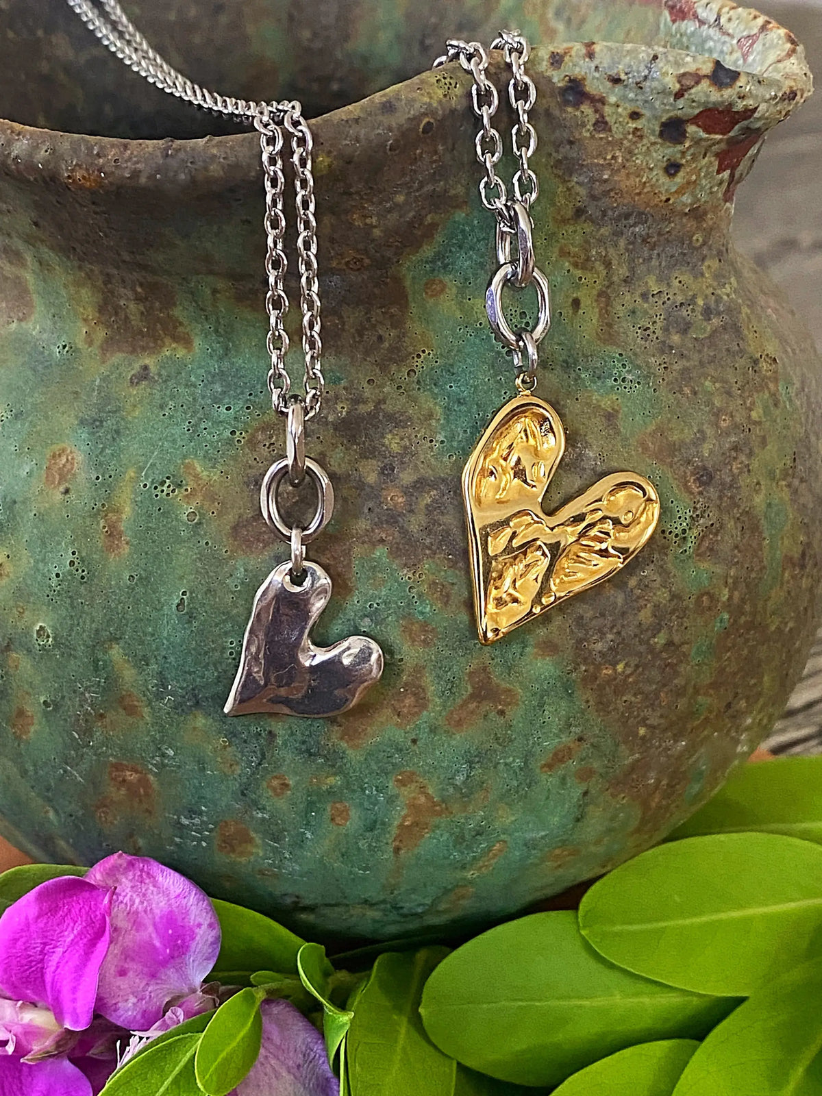 Hammered Rebel Heart Necklace | Silver or Gold | Reversible