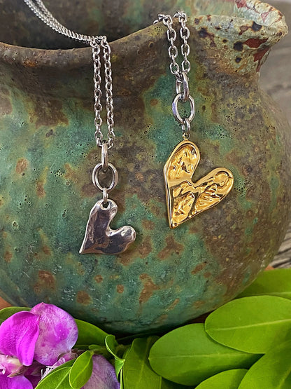 Hammered Rebel Heart Necklace | Silver or Gold | Reversible