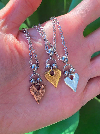 Handcrafted Heart Necklace – Artisan Pewter Pendant on Stainless Steel Chain | Silver, Gold or Copper