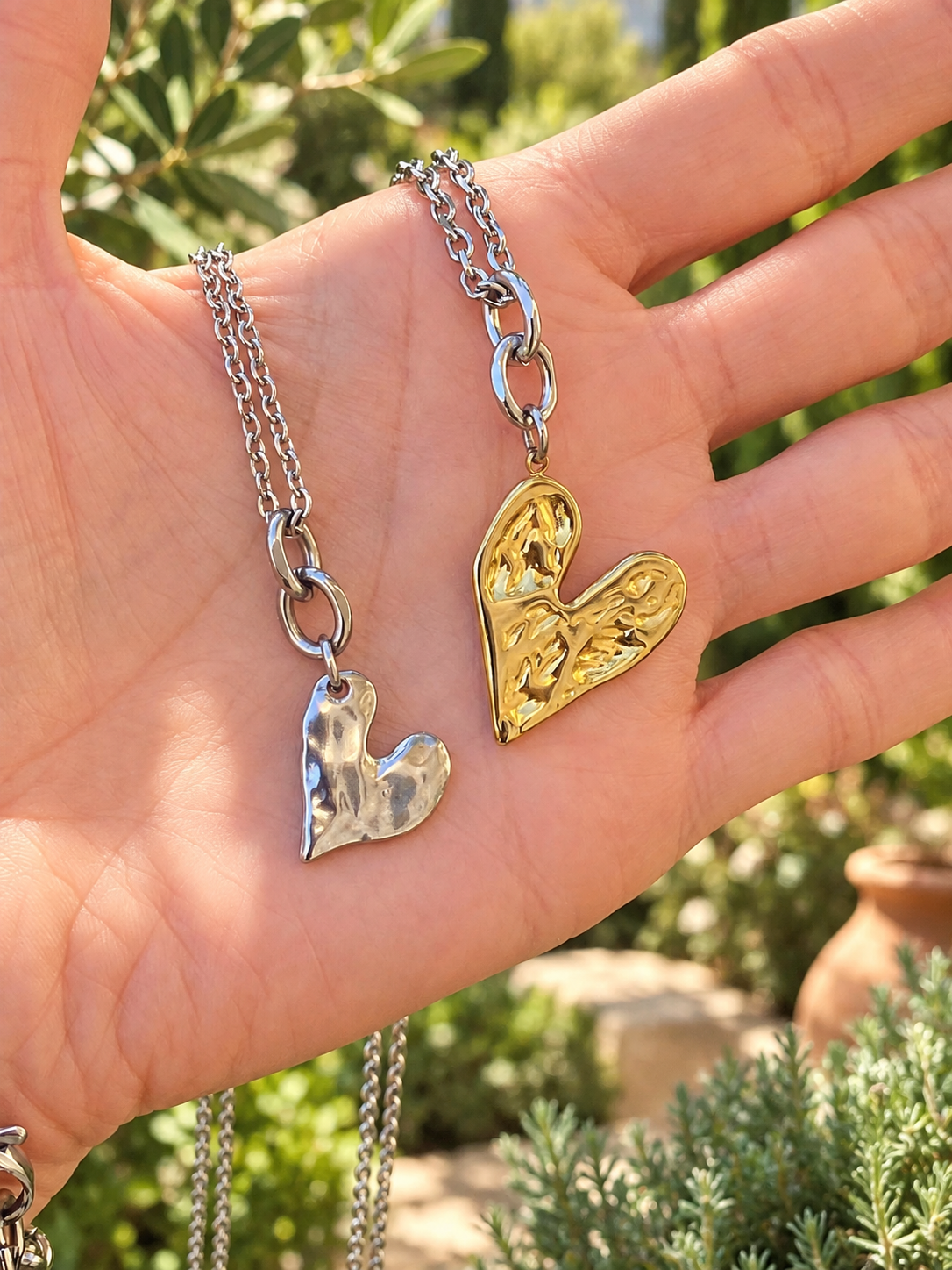 Hammered Rebel Heart Necklace | Silver or Gold | Reversible