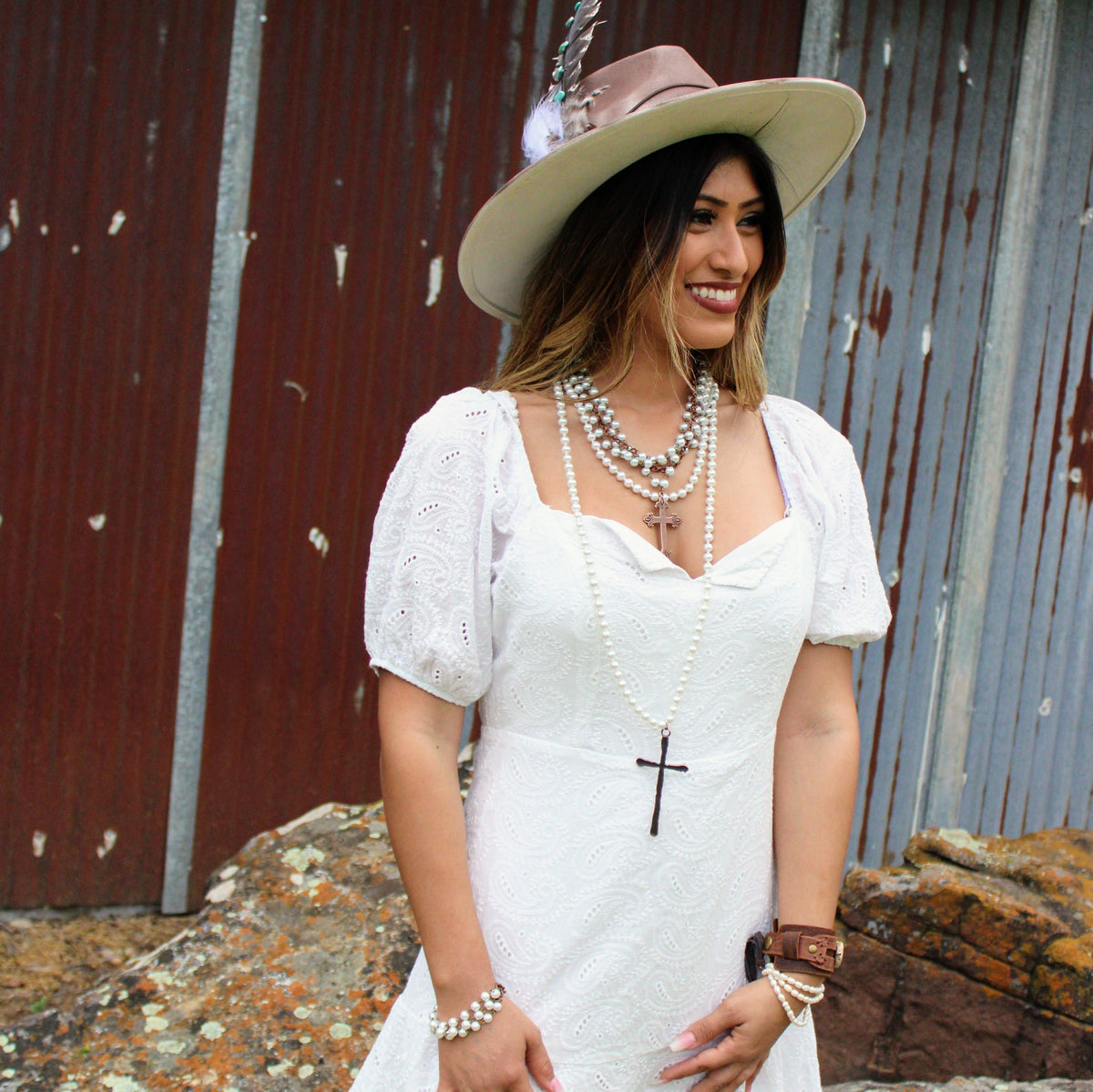 Pearl Extra-Long Beaded Necklace with Antique Copper Cross