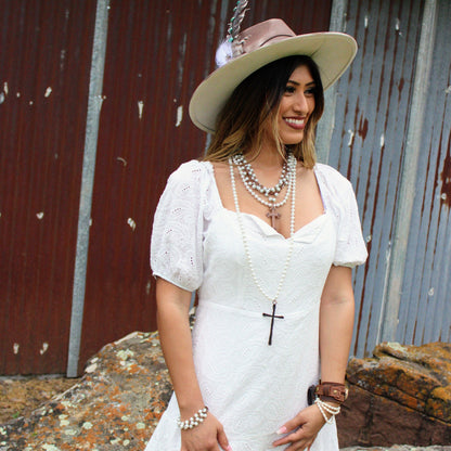 Pearl Extra-Long Beaded Necklace with Antique Copper Cross