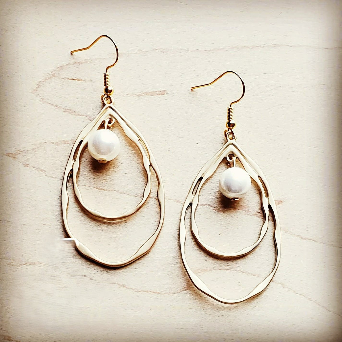 Matte Gold Double Hoop Earrings with Pearl | Boho Style