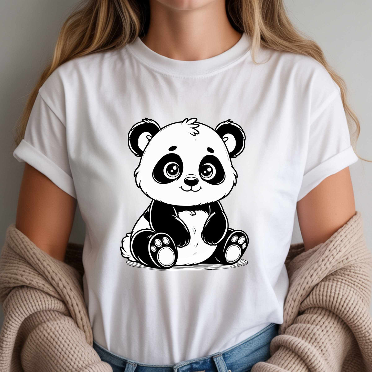 Cute Baby Panda Illustration T-Shirt | Kawaii Black & White Animal Tee