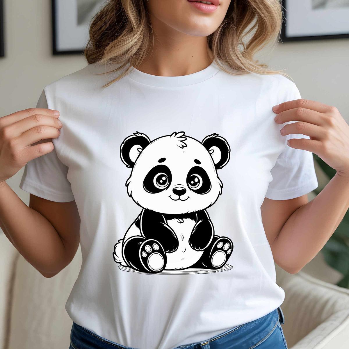 Cute Baby Panda Illustration T-Shirt | Kawaii Black & White Animal Tee