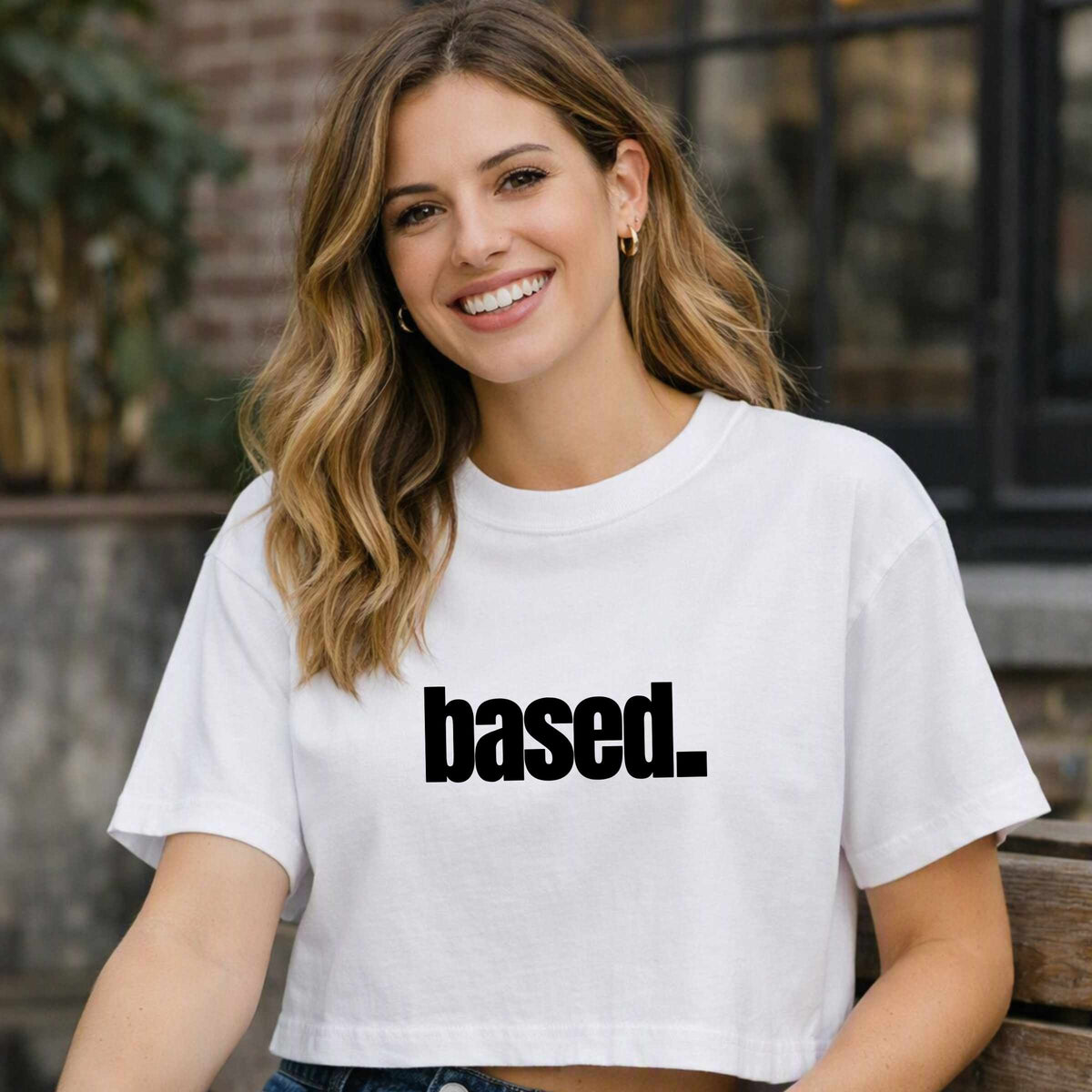 based. Boxy Tee | Minimal Text Graphic, White Cropped Shirt