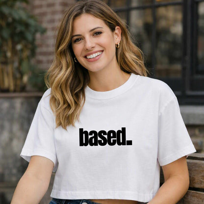 based. Boxy Tee | Minimal Text Graphic, White Cropped Shirt