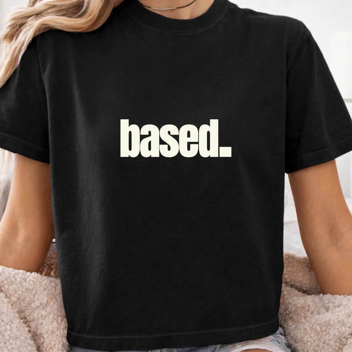 based. Boxy Tee | Minimal Text Graphic, White Cropped Shirt