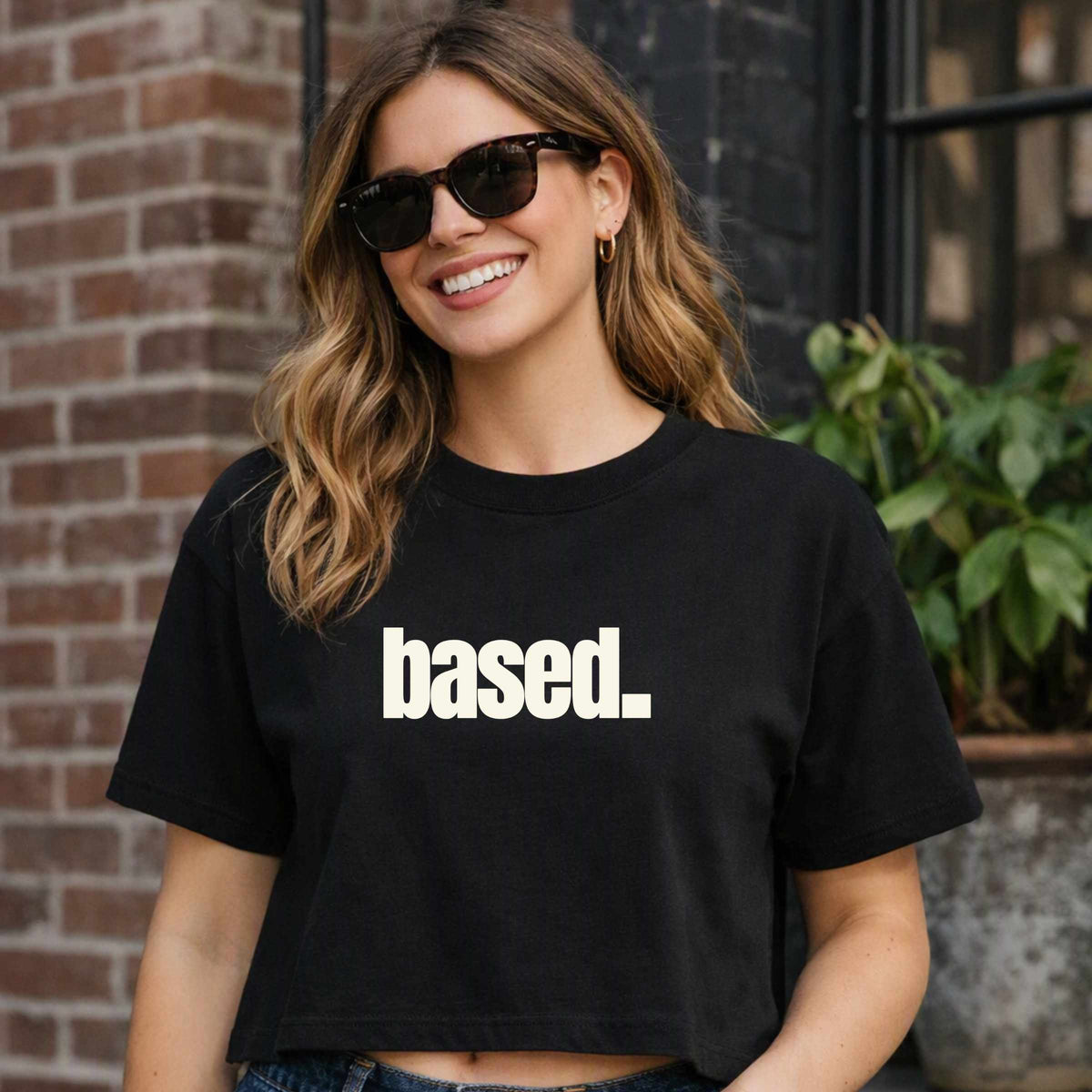 based. Boxy Tee | Minimal Text Graphic, White Cropped Shirt