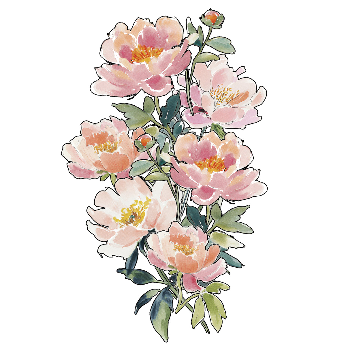 Peach Watercolor Peonies T-Shirt | Floral Vertical Bouquet Tee