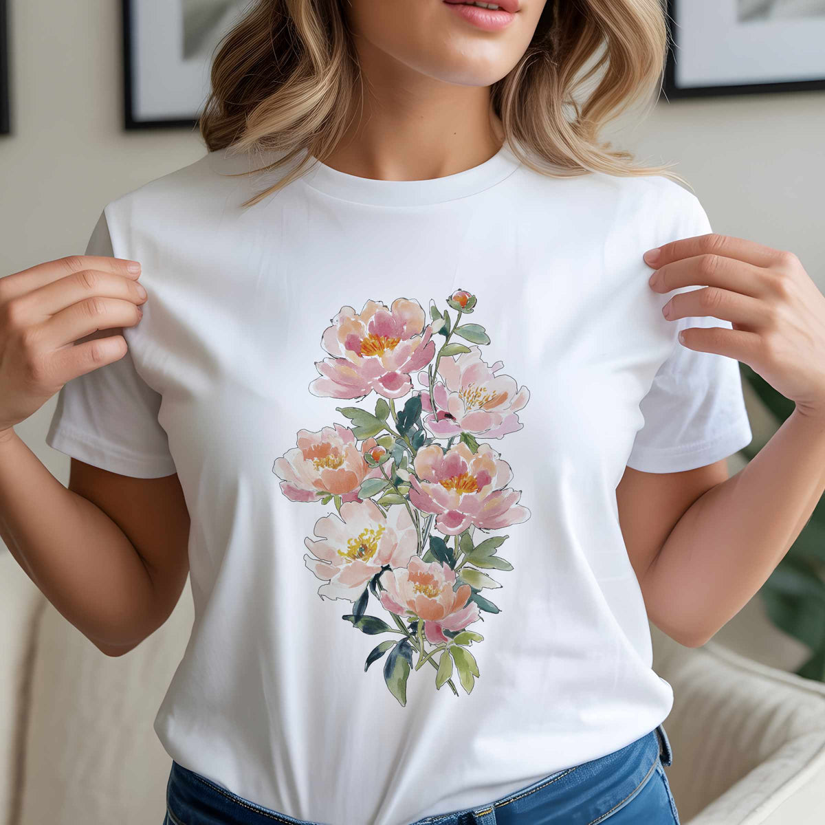 Peach Watercolor Peonies T-Shirt | Floral Vertical Bouquet Tee