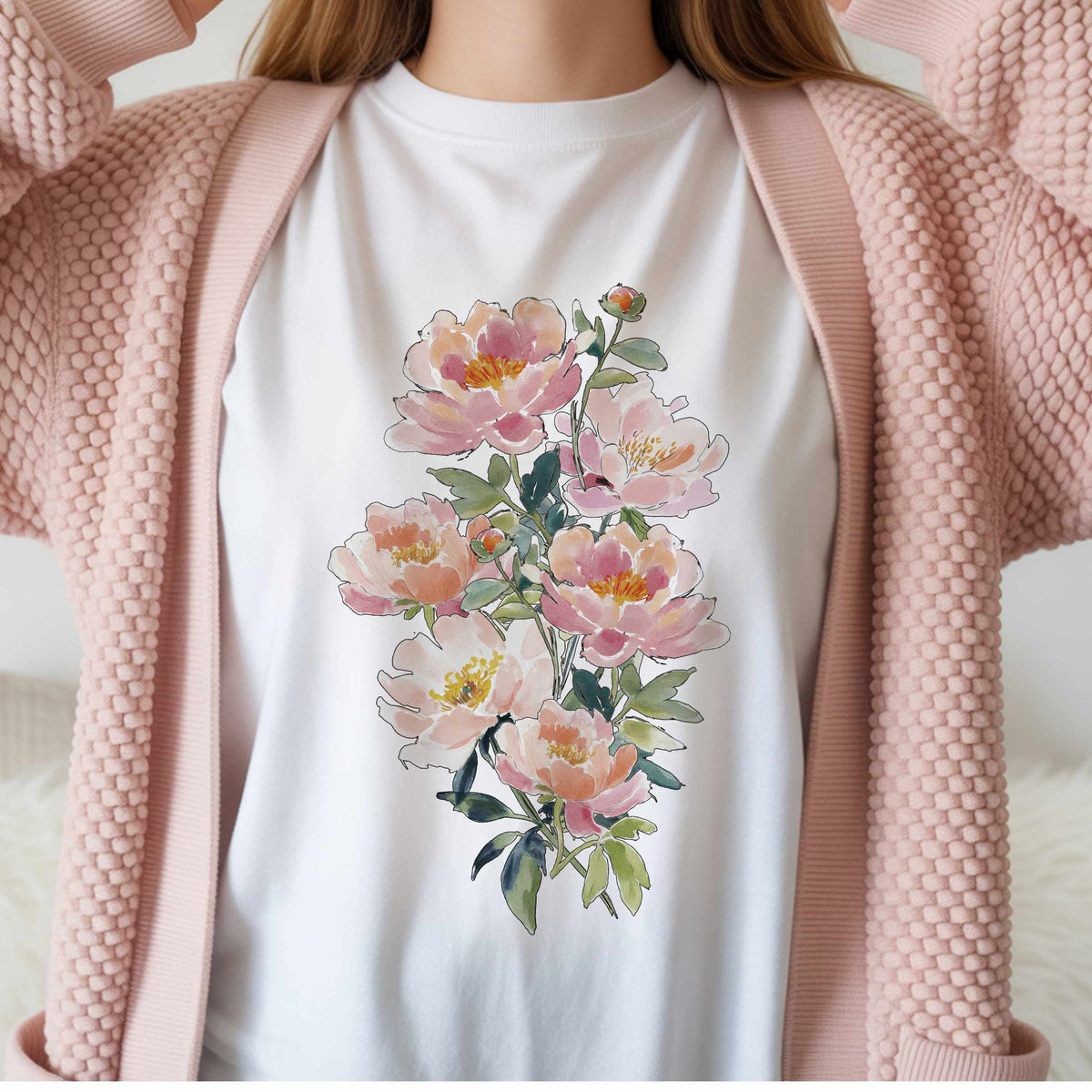 Peach Watercolor Peonies T-Shirt | Floral Vertical Bouquet Tee