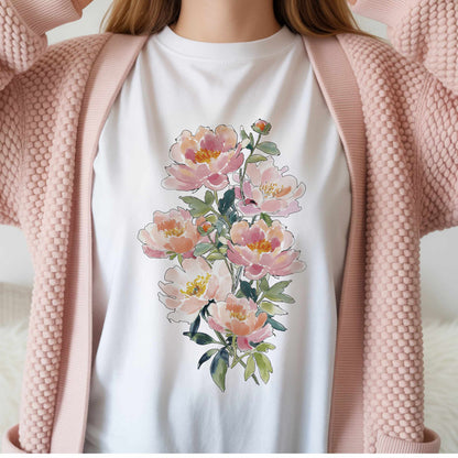 Peach Watercolor Peonies T-Shirt | Floral Vertical Bouquet Tee