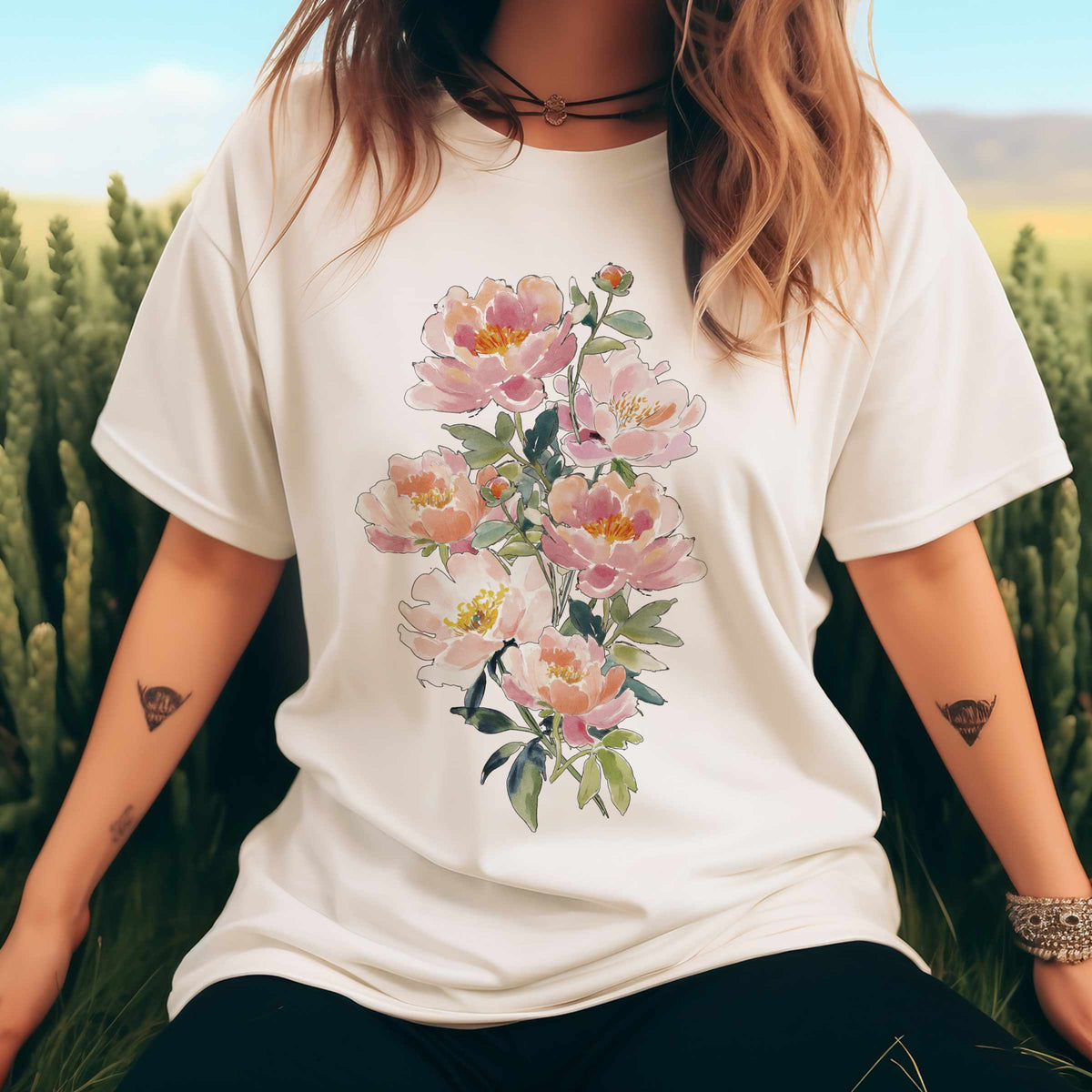 Peach Watercolor Peonies T-Shirt | Floral Vertical Bouquet Tee