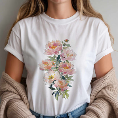 Peach Watercolor Peonies T-Shirt | Floral Vertical Bouquet Tee