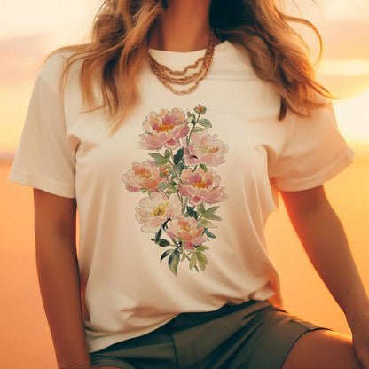 Peach Watercolor Peonies T-Shirt | Floral Vertical Bouquet Tee
