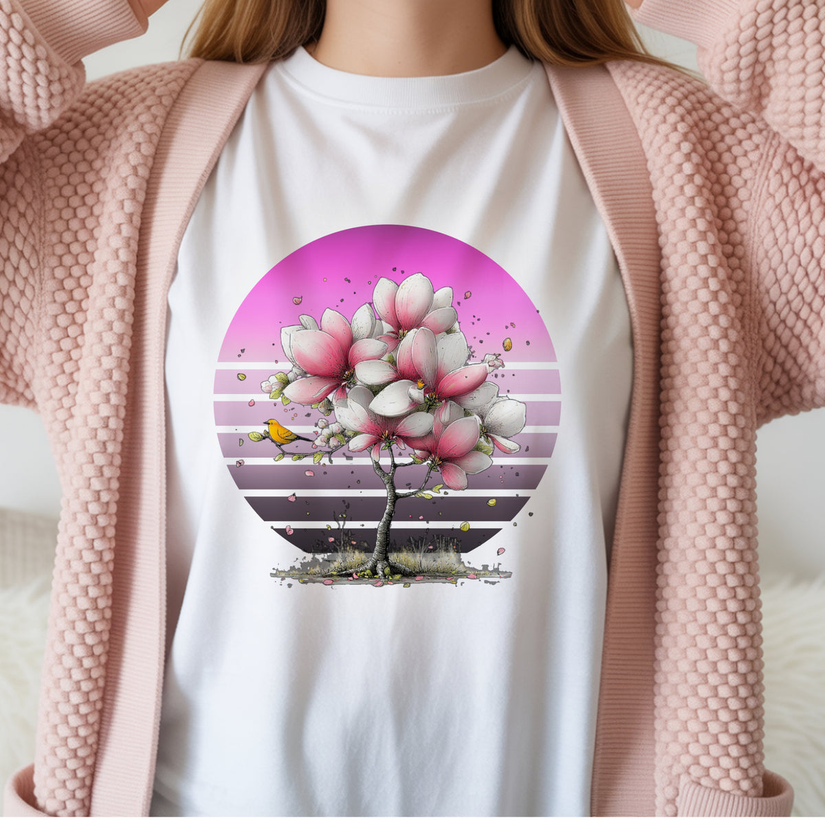 Pink Magnolia Tree Tee | Retro Sunset Floral Shirt