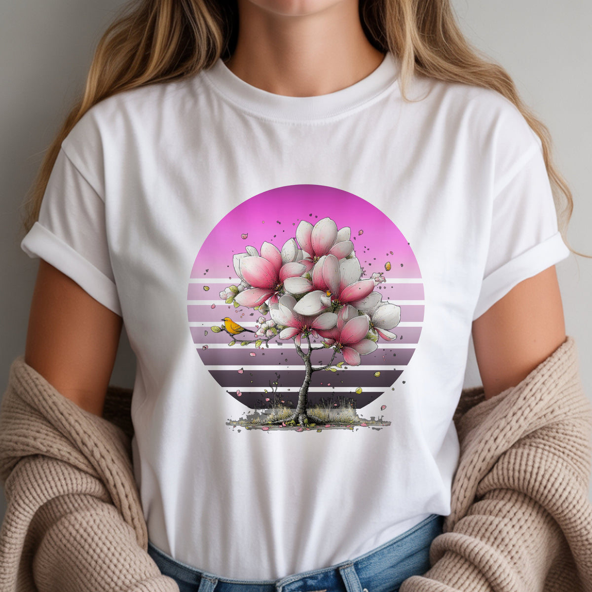 Pink Magnolia Tree Tee | Retro Sunset Floral Shirt