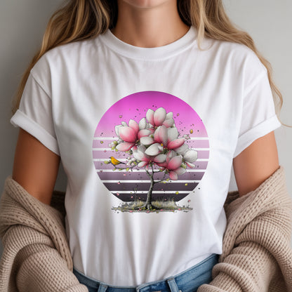 Pink Magnolia Tree Tee | Retro Sunset Floral Shirt