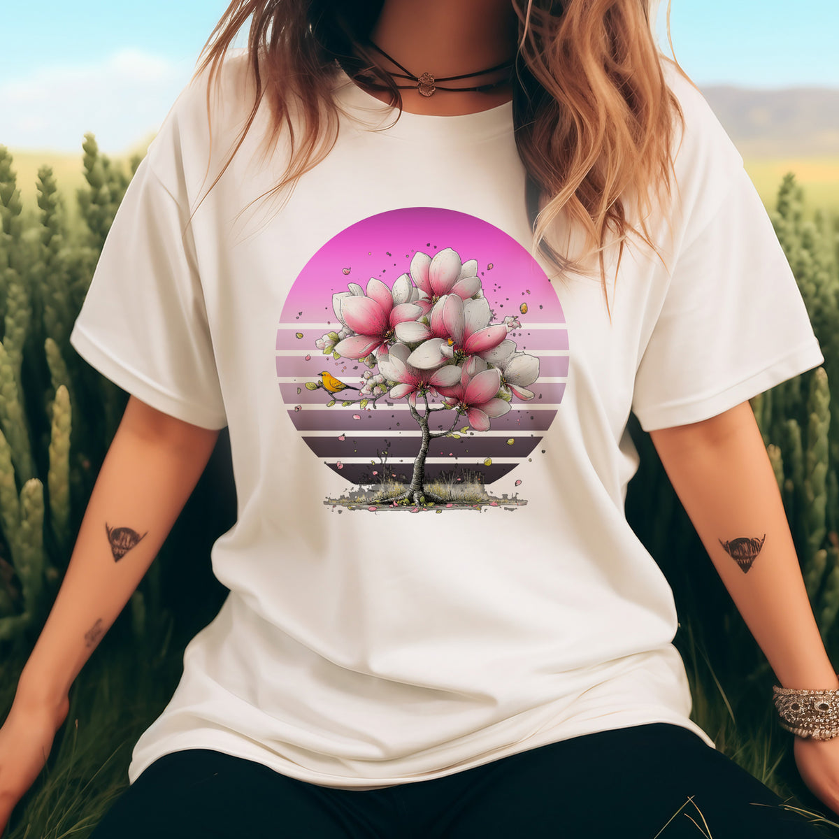 Pink Magnolia Tree Tee | Retro Sunset Floral Shirt