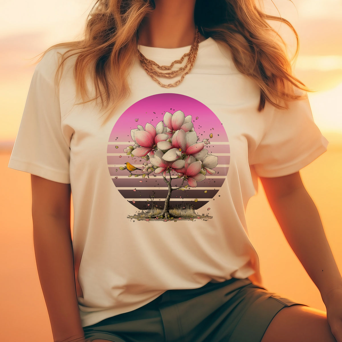 Pink Magnolia Tree Tee | Retro Sunset Floral Shirt