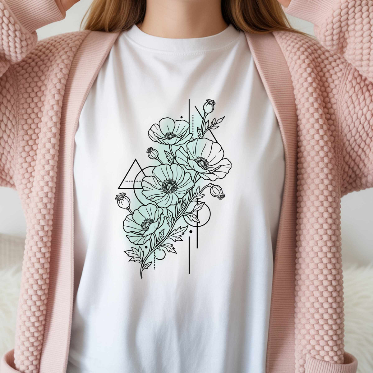 Floral Line Art T-Shirt — Minimal Poppy Bouquet Graphic Tee