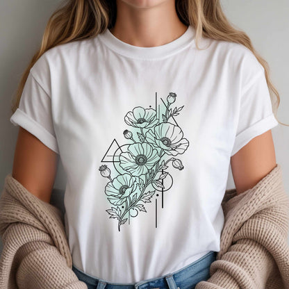 Floral Line Art T-Shirt — Minimal Poppy Bouquet Graphic Tee
