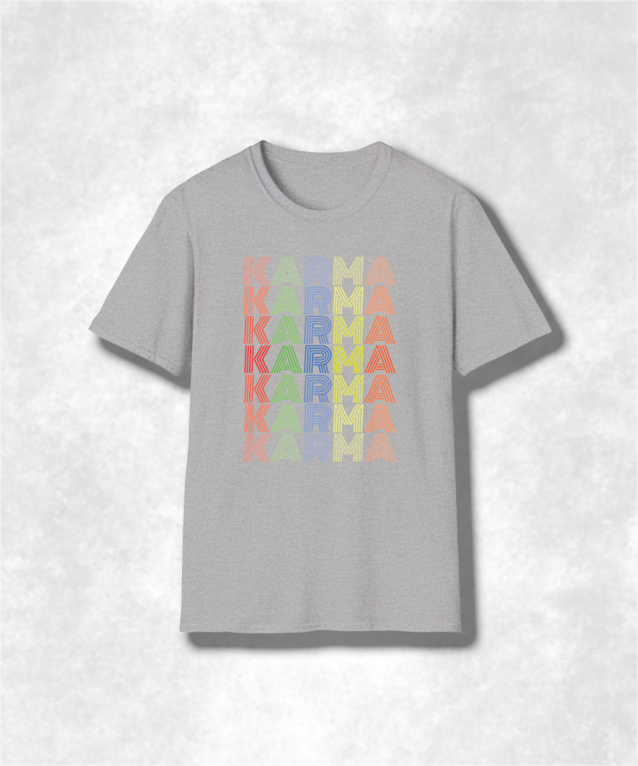 Karma Groovy Colorful T-Shirt, Retro Hippie Tee, Positive Vibes Shirt, Trendy Rainbow Top, Yoga Gift for Him or Her