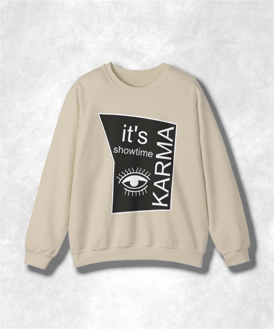 It's Showtime Karma Crewneck Sweatshirt, Unisex Graphic Pullover, Funny Retro Movie Sweatshirt, Cozy Casual Streetwear, Gift Idea
