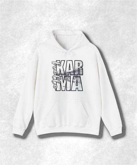 HELLO Karma Winter Hoodie Sweatshirt, Cozy Unisex Graphic Pullover, Positive Vibes Streetwear, Casual Warm Hooded Sweater, Gift Idea