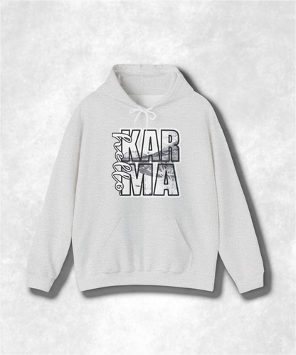 HELLO Karma Winter Hoodie Sweatshirt, Cozy Unisex Graphic Pullover, Positive Vibes Streetwear, Casual Warm Hooded Sweater, Gift Idea