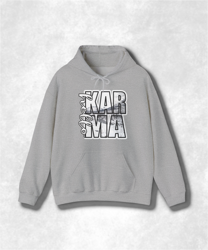 HELLO Karma Winter Hoodie Sweatshirt, Cozy Unisex Graphic Pullover, Positive Vibes Streetwear, Casual Warm Hooded Sweater, Gift Idea