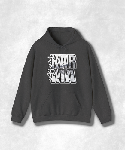 HELLO Karma Winter Hoodie Sweatshirt, Cozy Unisex Graphic Pullover, Positive Vibes Streetwear, Casual Warm Hooded Sweater, Gift Idea