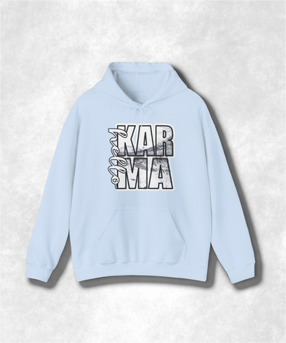 HELLO Karma Winter Hoodie Sweatshirt, Cozy Unisex Graphic Pullover, Positive Vibes Streetwear, Casual Warm Hooded Sweater, Gift Idea
